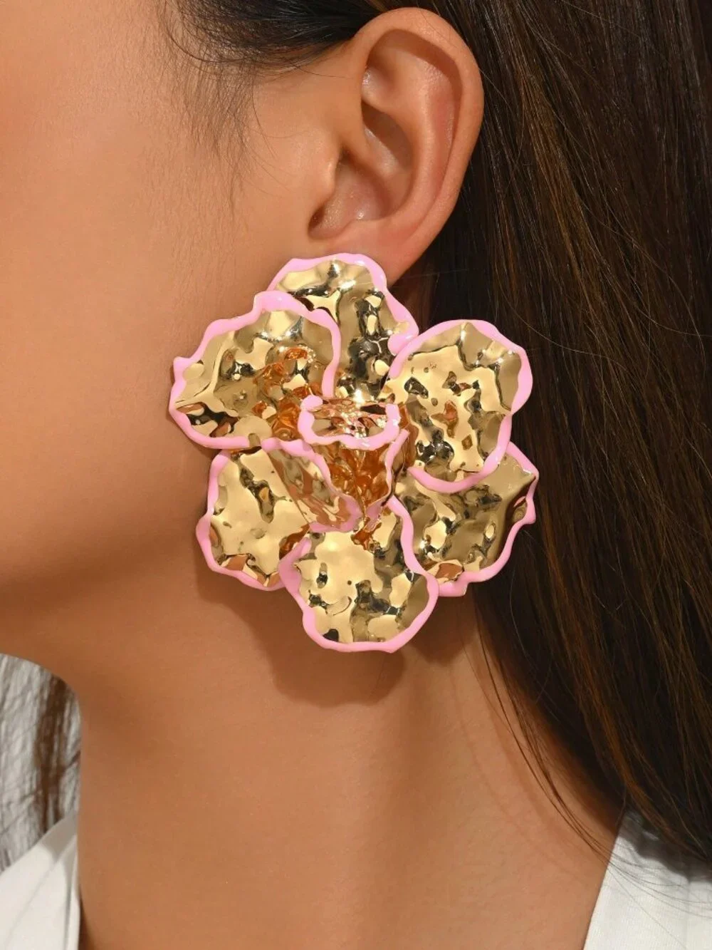 Pink Elegant Women's Luxury Enamel Ruched 3d Floral Hoop Earrings